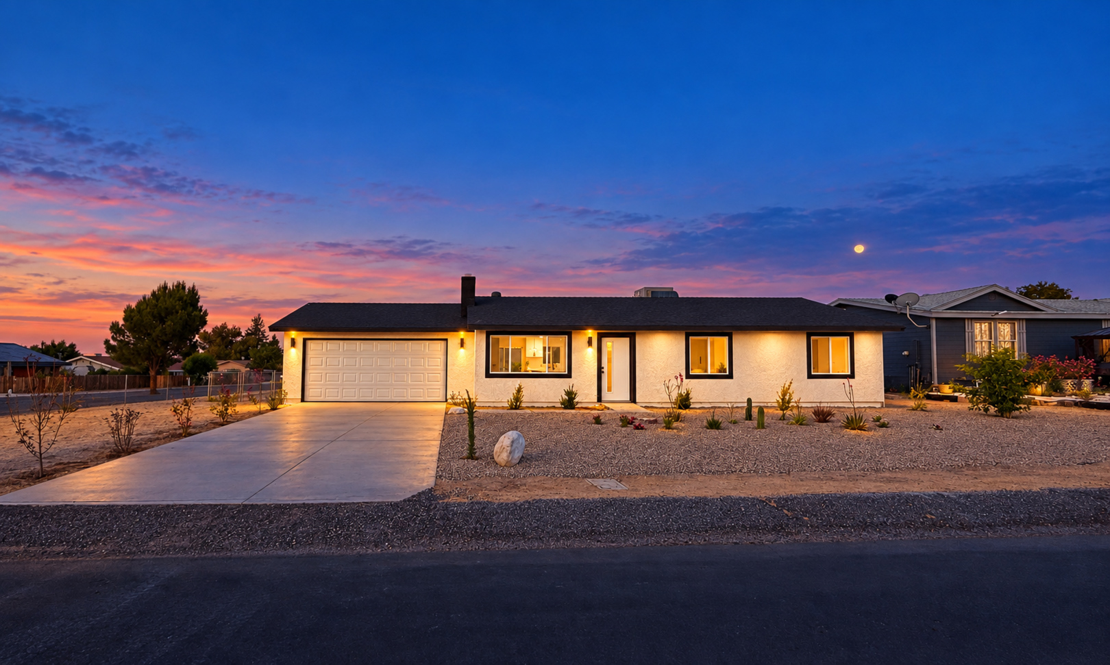 Twilight front exterior of 40356 Ronar Street in Palmdale, California