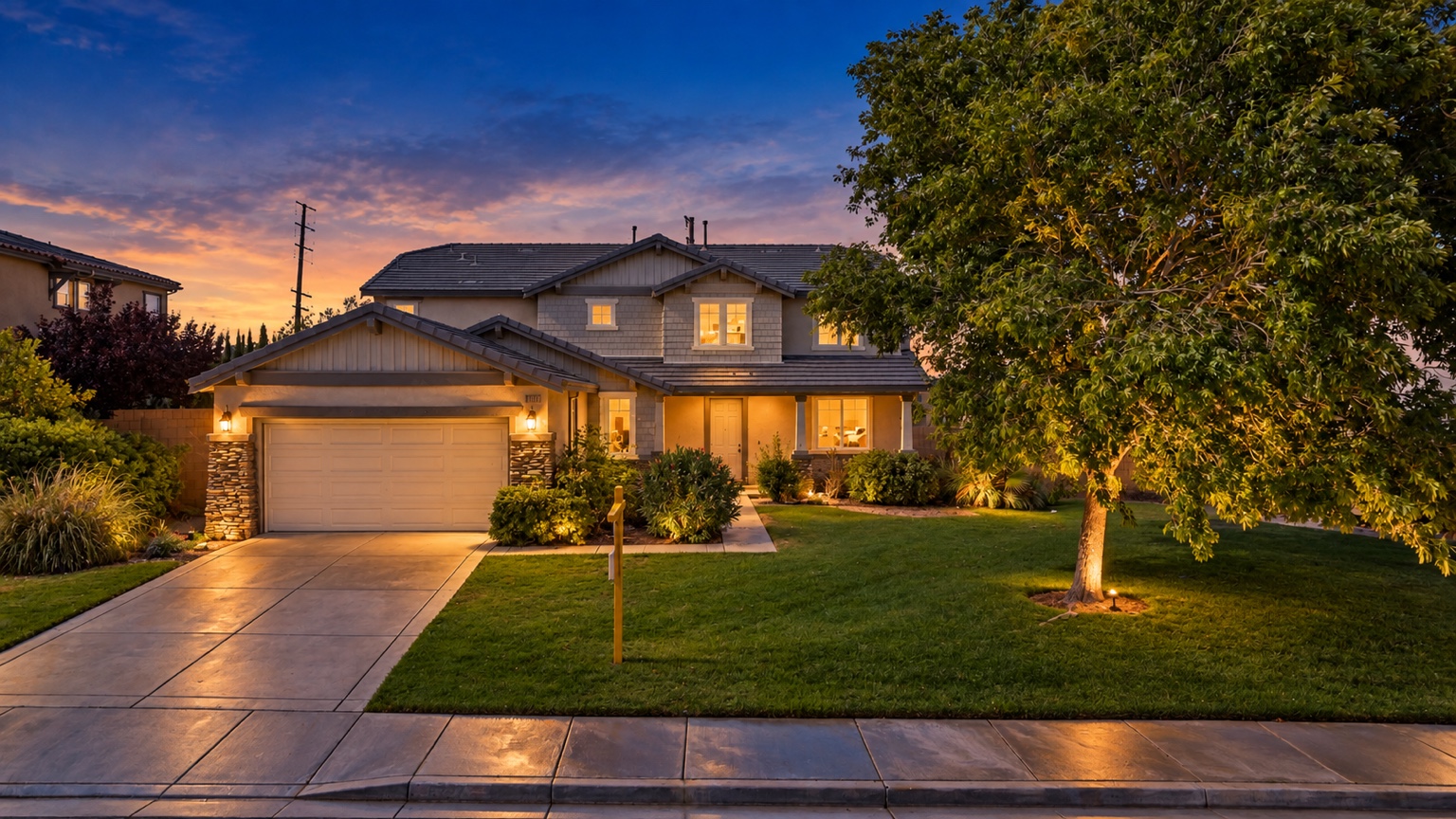 Twilight front exterior of 6727 Miramar Lane in Palmdale, California